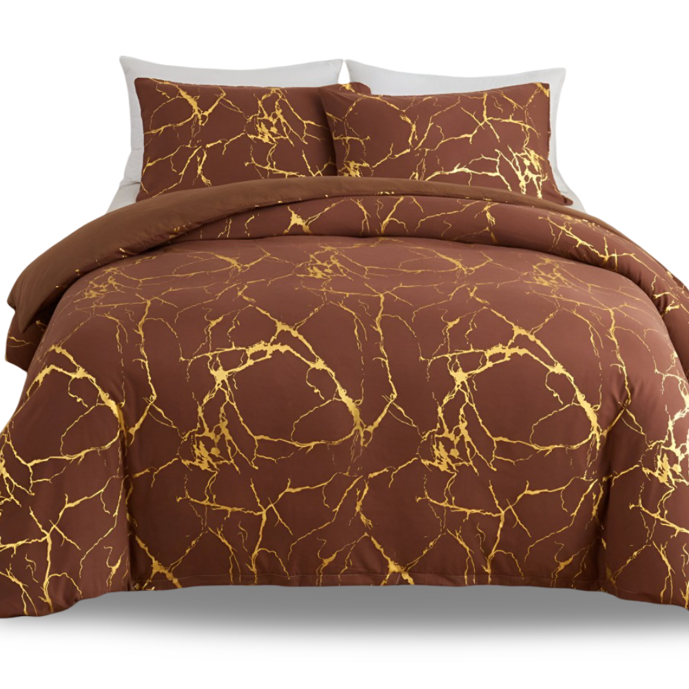 Luxury Marble Duvet Cover Set in Beige with Gold Vein Pattern