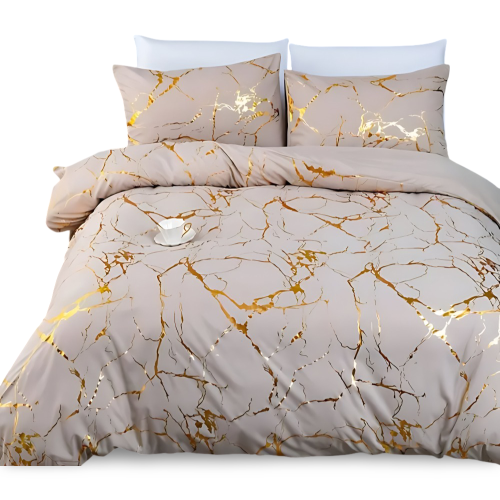 Luxury Marble Duvet Cover Set in Beige with Gold Vein Pattern