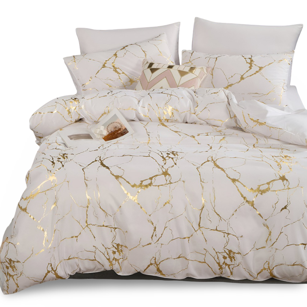 Luxury Marble Duvet Cover Set in Beige with Gold Vein Pattern
