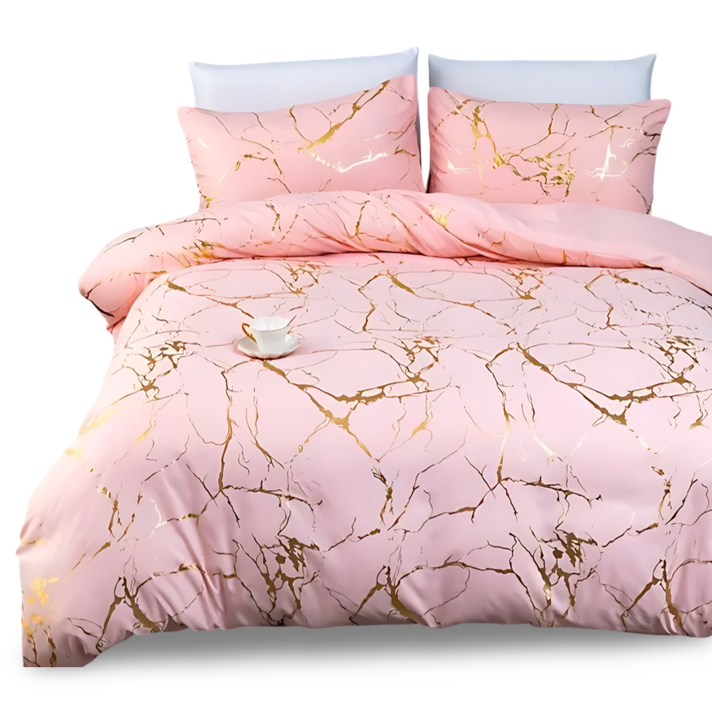 Luxury Marble Duvet Cover Set in Beige with Gold Vein Pattern