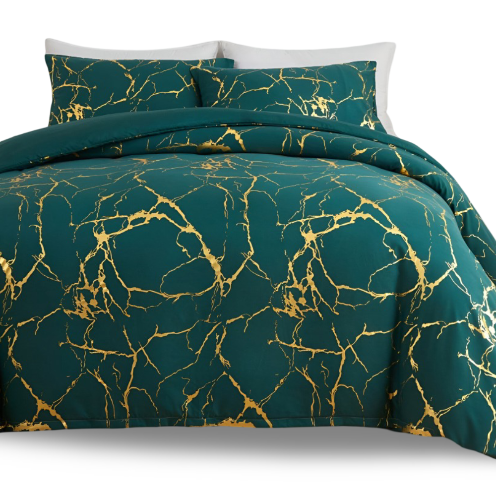 Luxury Marble Duvet Cover Set in Beige with Gold Vein Pattern