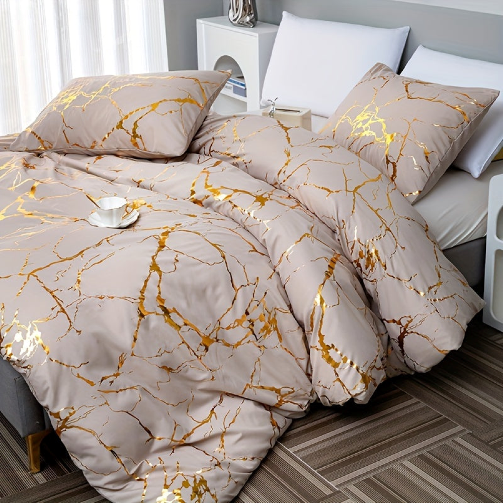 Luxury Marble Duvet Cover Set in Beige with Gold Vein Pattern