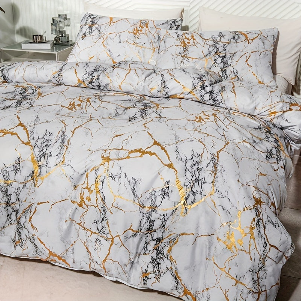 Luxury Marble Duvet Cover Set in Beige with Gold Vein Pattern