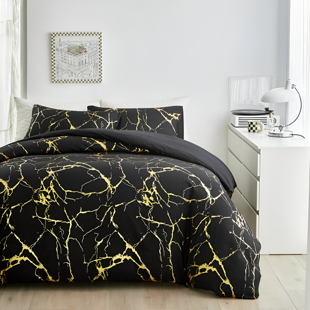 Luxury Marble Duvet Cover Set in Beige with Gold Vein Pattern
