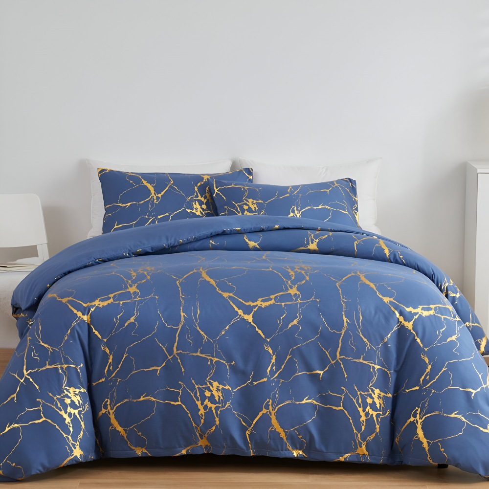 Luxury Marble Duvet Cover Set in Beige with Gold Vein Pattern