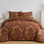 Luxury Marble Duvet Cover Set in Beige with Gold Vein Pattern
