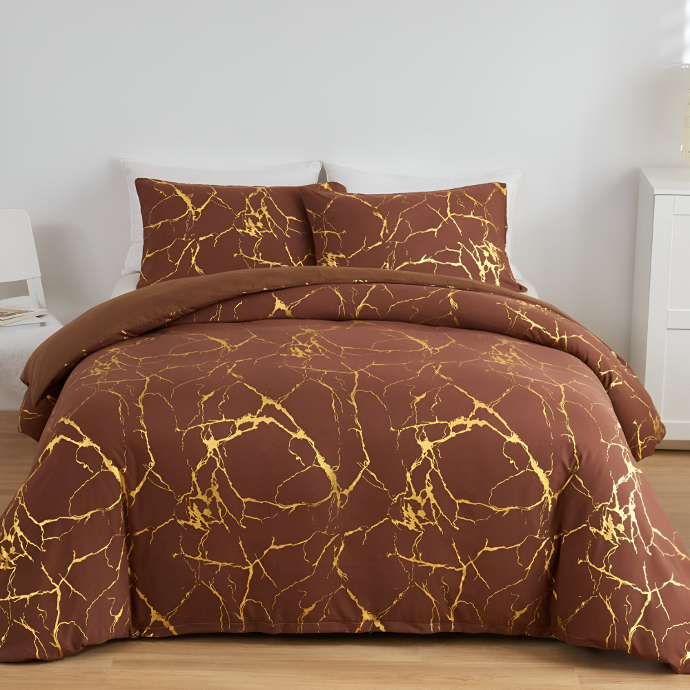 Luxury Marble Duvet Cover Set in Beige with Gold Vein Pattern