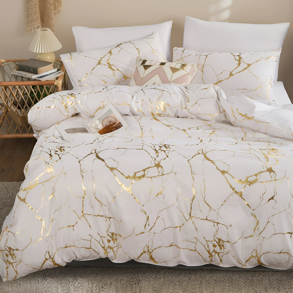 Luxury Marble Duvet Cover Set in Beige with Gold Vein Pattern