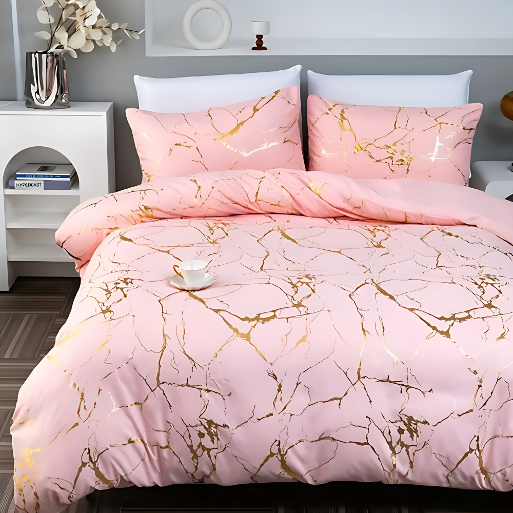 Luxury Marble Duvet Cover Set in Beige with Gold Vein Pattern