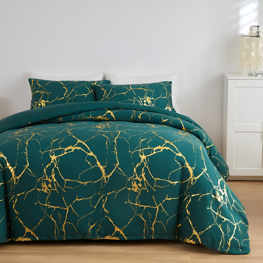 Luxury Marble Duvet Cover Set in Beige with Gold Vein Pattern