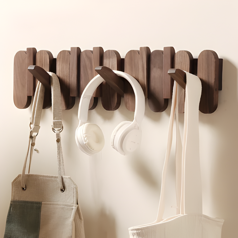 Walnut Wooden Wall Mounted Coat Rack with Flip Hooks