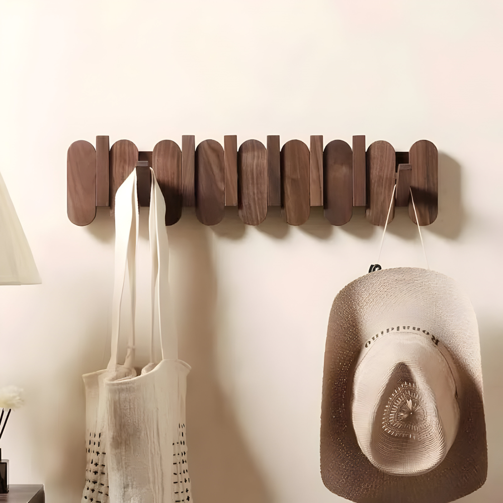 Walnut Wooden Wall Mounted Coat Rack with Flip Hooks