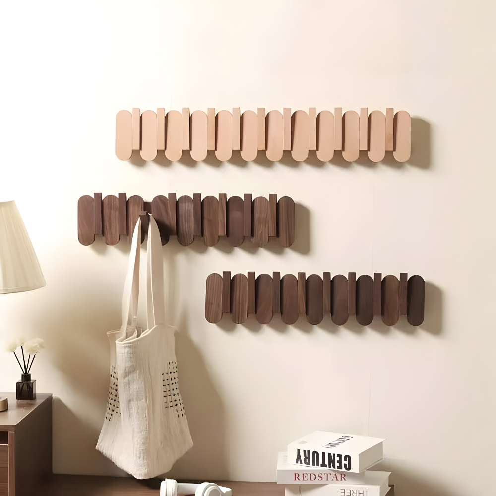 Walnut Wooden Wall Mounted Coat Rack with Flip Hooks
