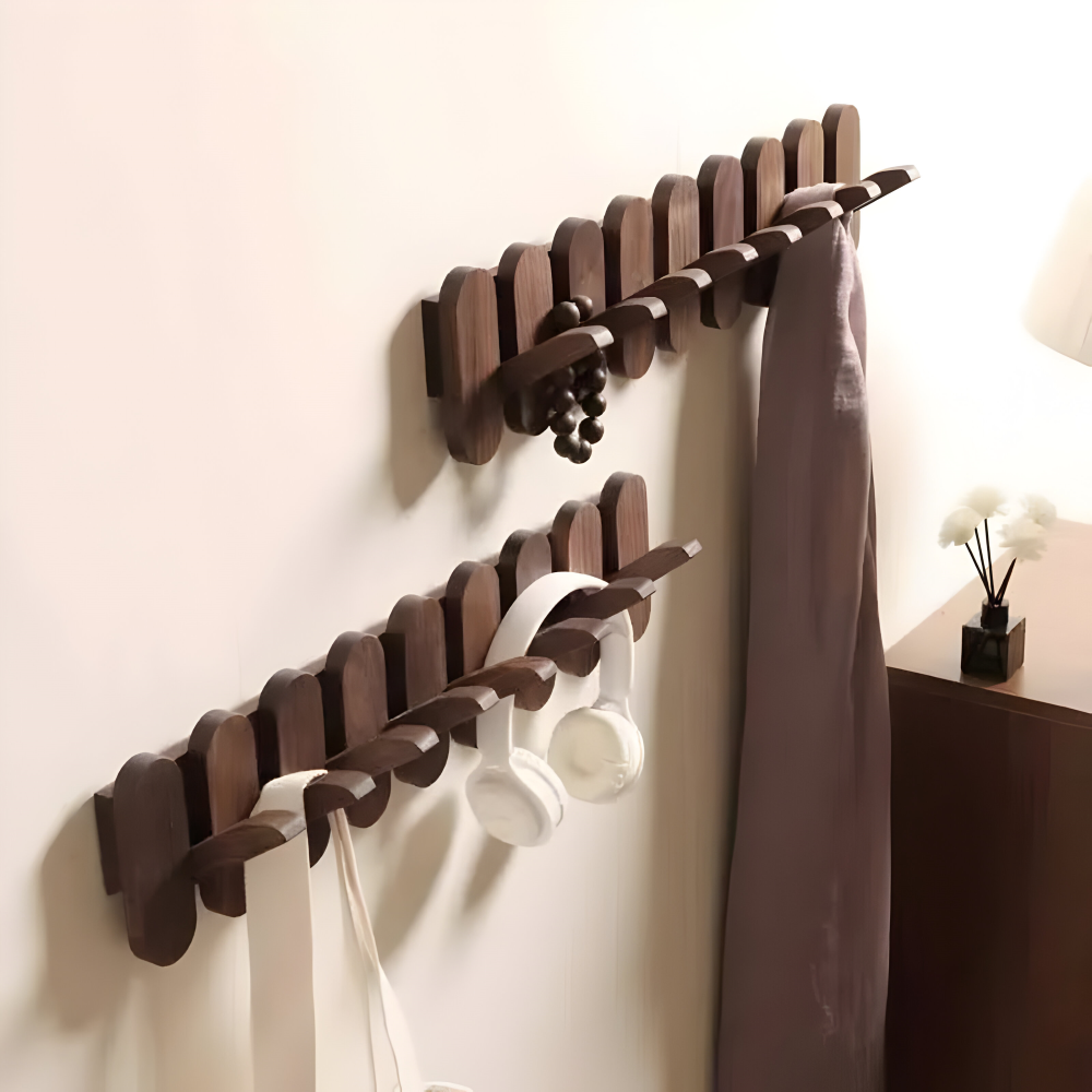 Walnut Wooden Wall Mounted Coat Rack with Flip Hooks