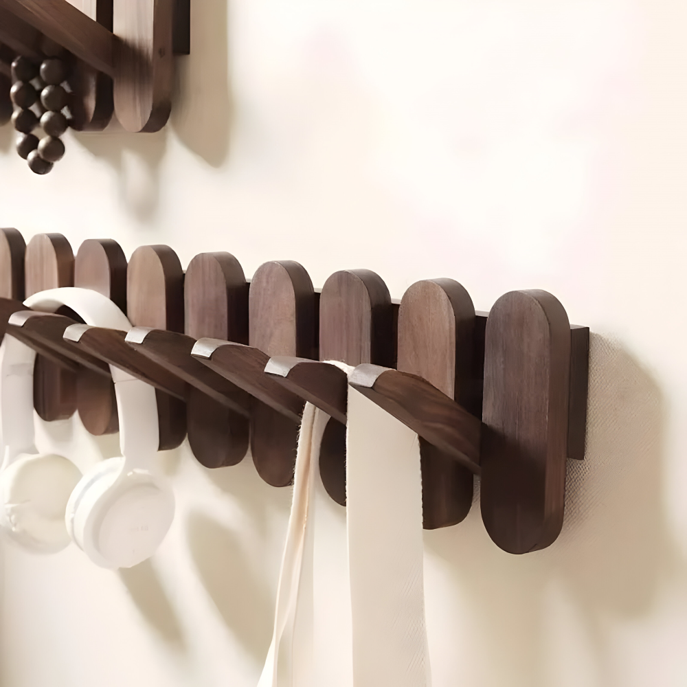 Walnut Wooden Wall Mounted Coat Rack with Flip Hooks