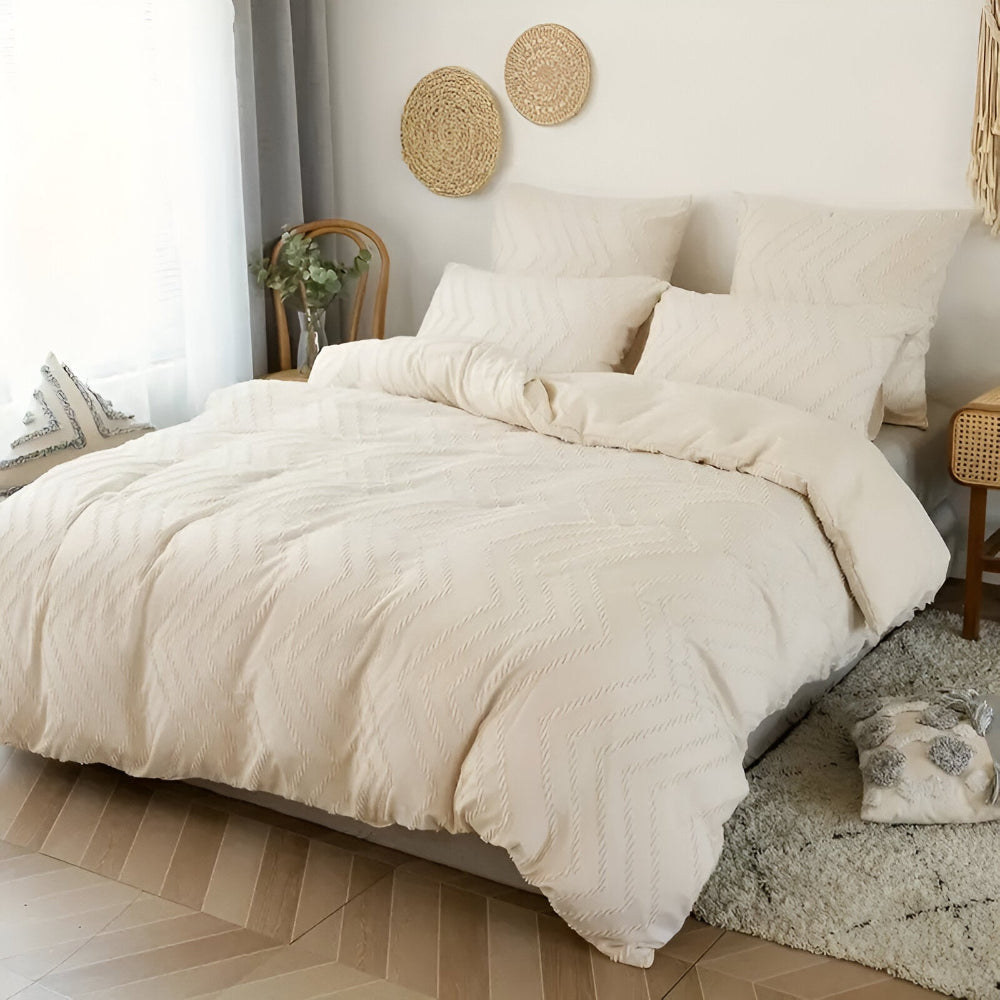 Lightweight Linen Comforter Set in Beige with Textured Stripe Pattern
