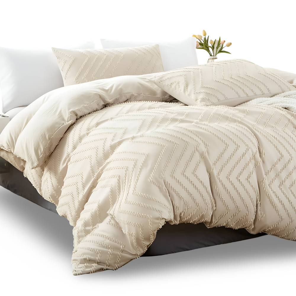 Lightweight Linen Comforter Set in Beige with Textured Stripe Pattern