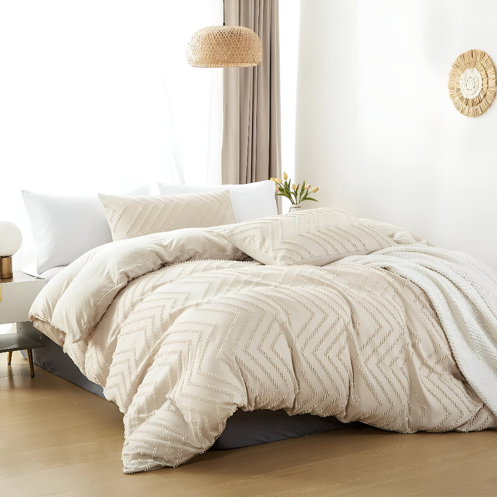 Lightweight Linen Comforter Set in Beige with Textured Stripe Pattern