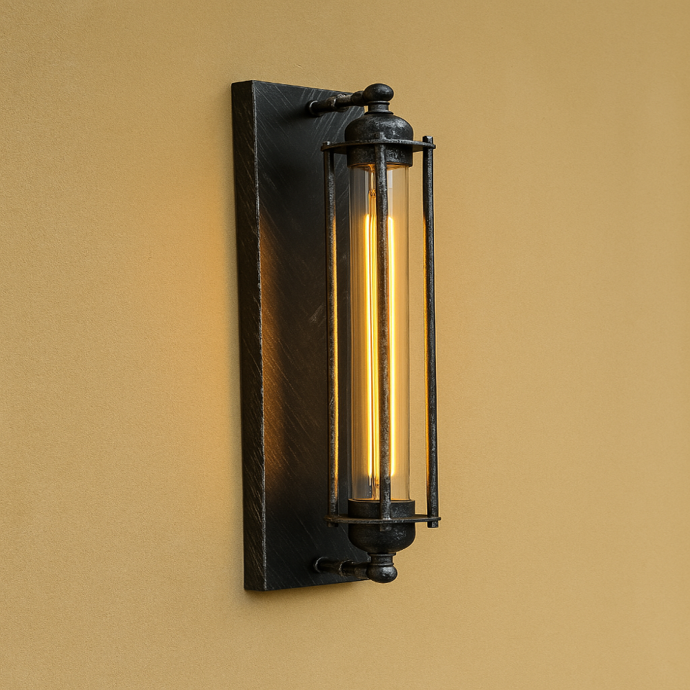 Vintage Industrial Wall Light with LED Tube Bulb in Black Metal
