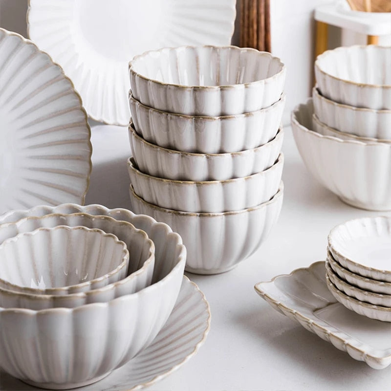 White Scalloped Ceramic Plates & Bowls Elegant Dinnerware