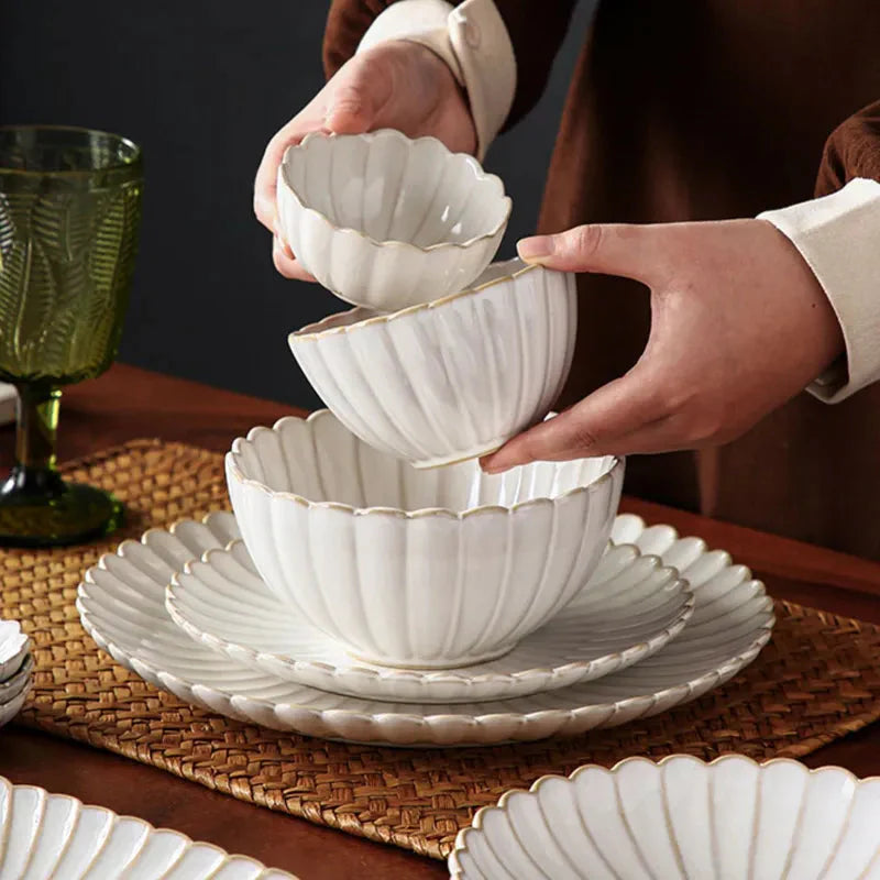 White Scalloped Ceramic Plates & Bowls Elegant Dinnerware
