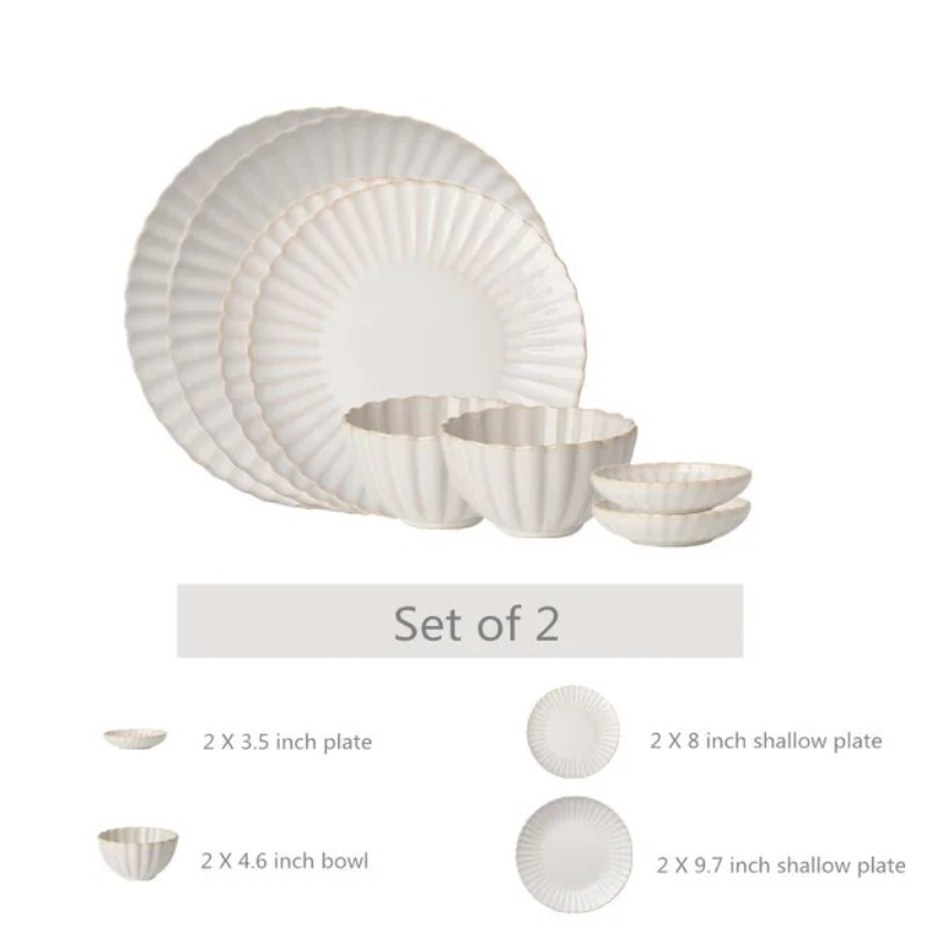 White Scalloped Ceramic Plates & Bowls Elegant Dinnerware