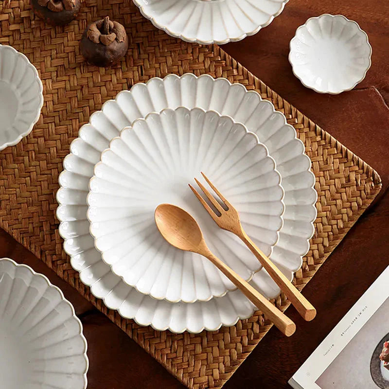 White Scalloped Ceramic Plates & Bowls Elegant Dinnerware