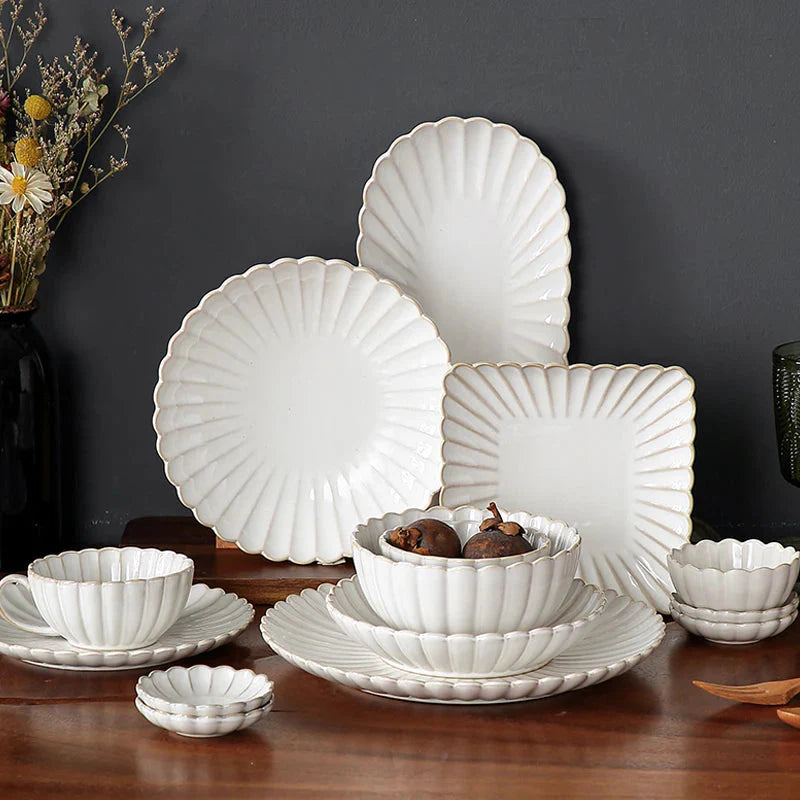 White Scalloped Ceramic Plates & Bowls Elegant Dinnerware