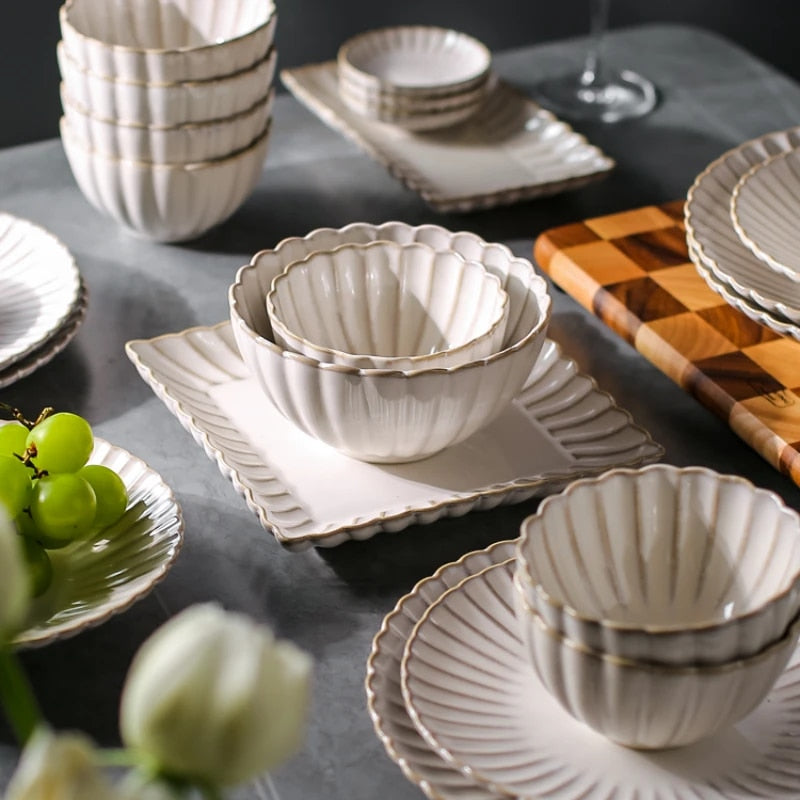 White Scalloped Ceramic Plates & Bowls Elegant Dinnerware