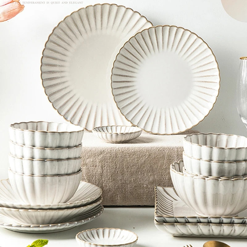 White Scalloped Ceramic Plates & Bowls Elegant Dinnerware