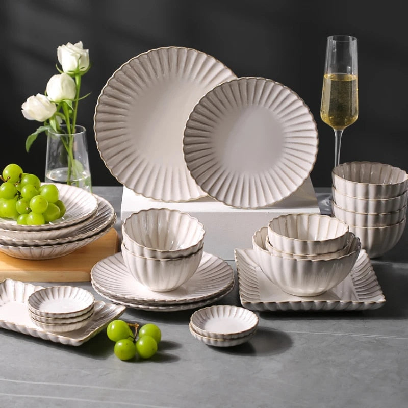 White Scalloped Ceramic Plates & Bowls Elegant Dinnerware