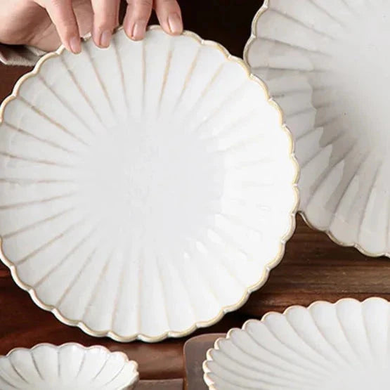 White Scalloped Ceramic Plates & Bowls Elegant Dinnerware