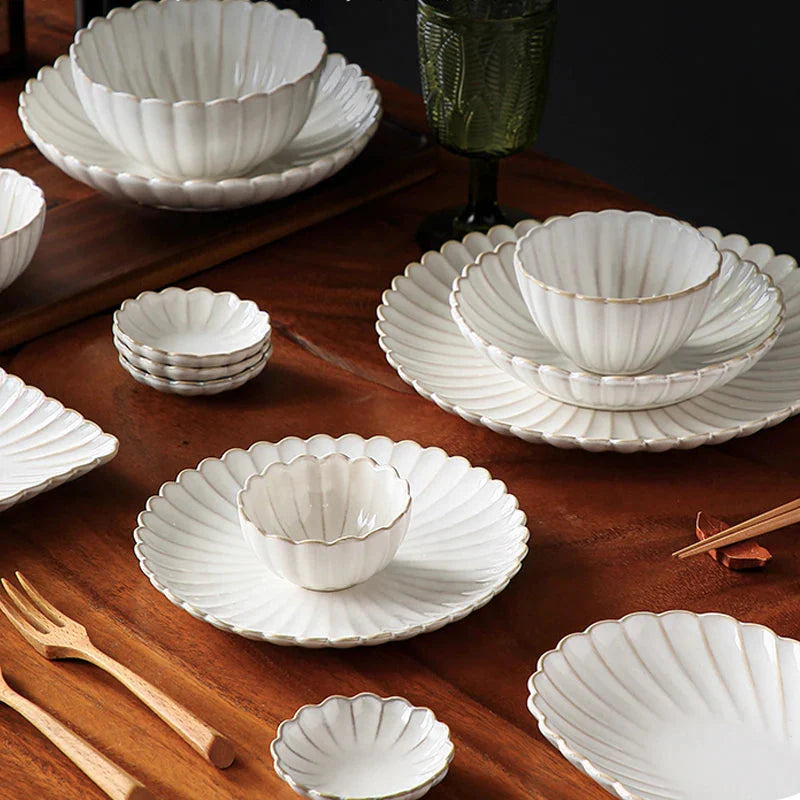 White Scalloped Ceramic Plates & Bowls Elegant Dinnerware