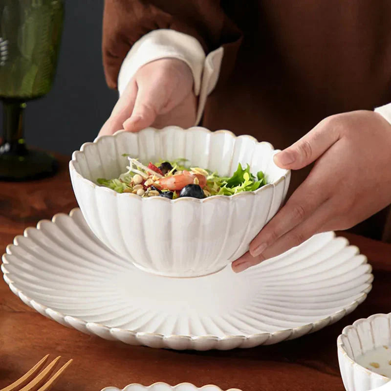 White Scalloped Ceramic Plates & Bowls Elegant Dinnerware