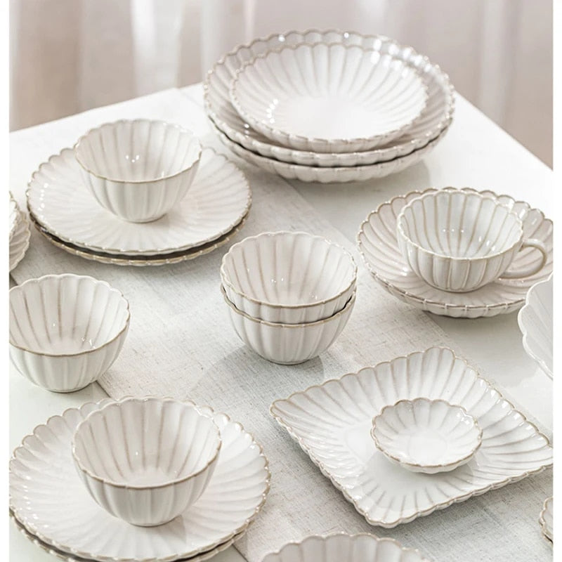 White Scalloped Ceramic Plates & Bowls Elegant Dinnerware