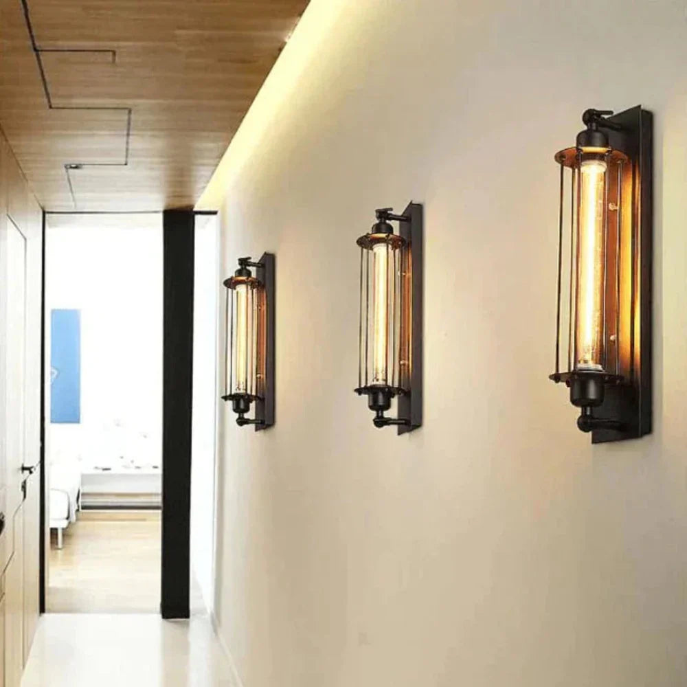 Vintage Industrial Wall Light with LED Tube Bulb in Black Metal