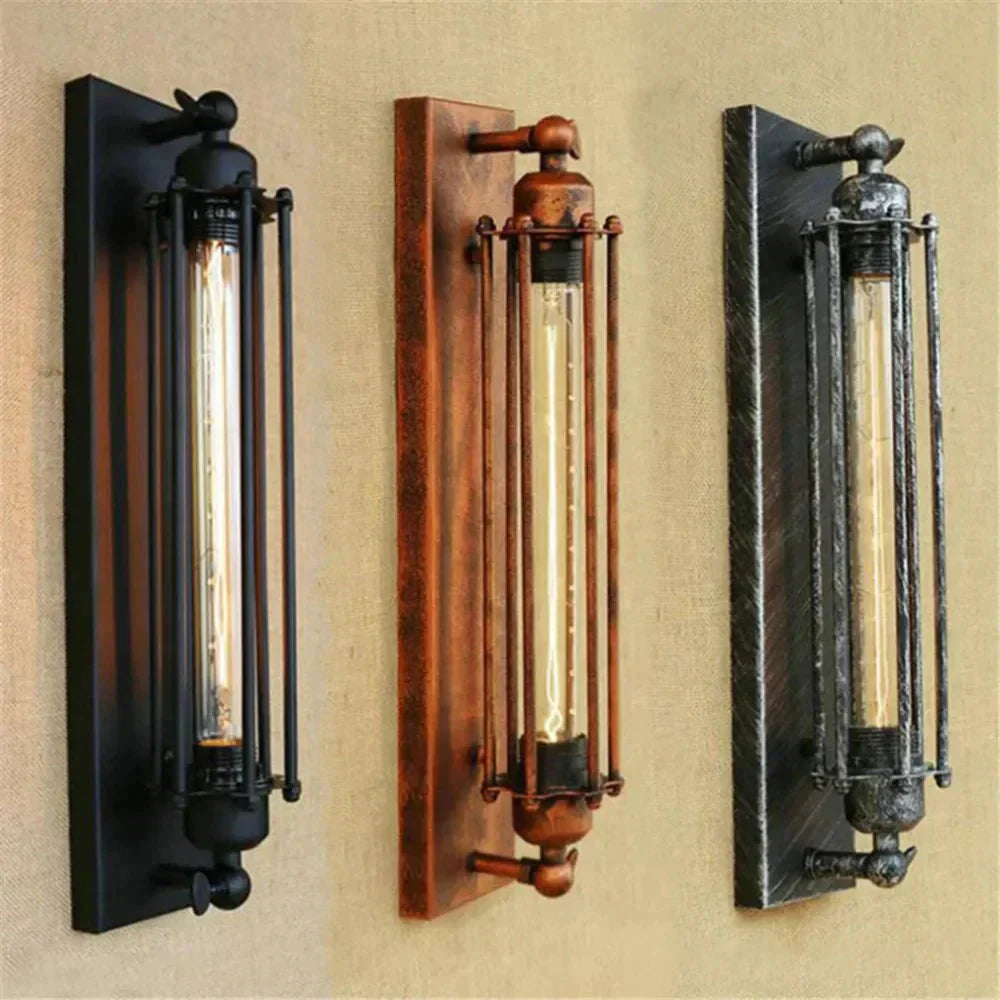 Vintage Industrial Wall Light with LED Tube Bulb in Black Metal