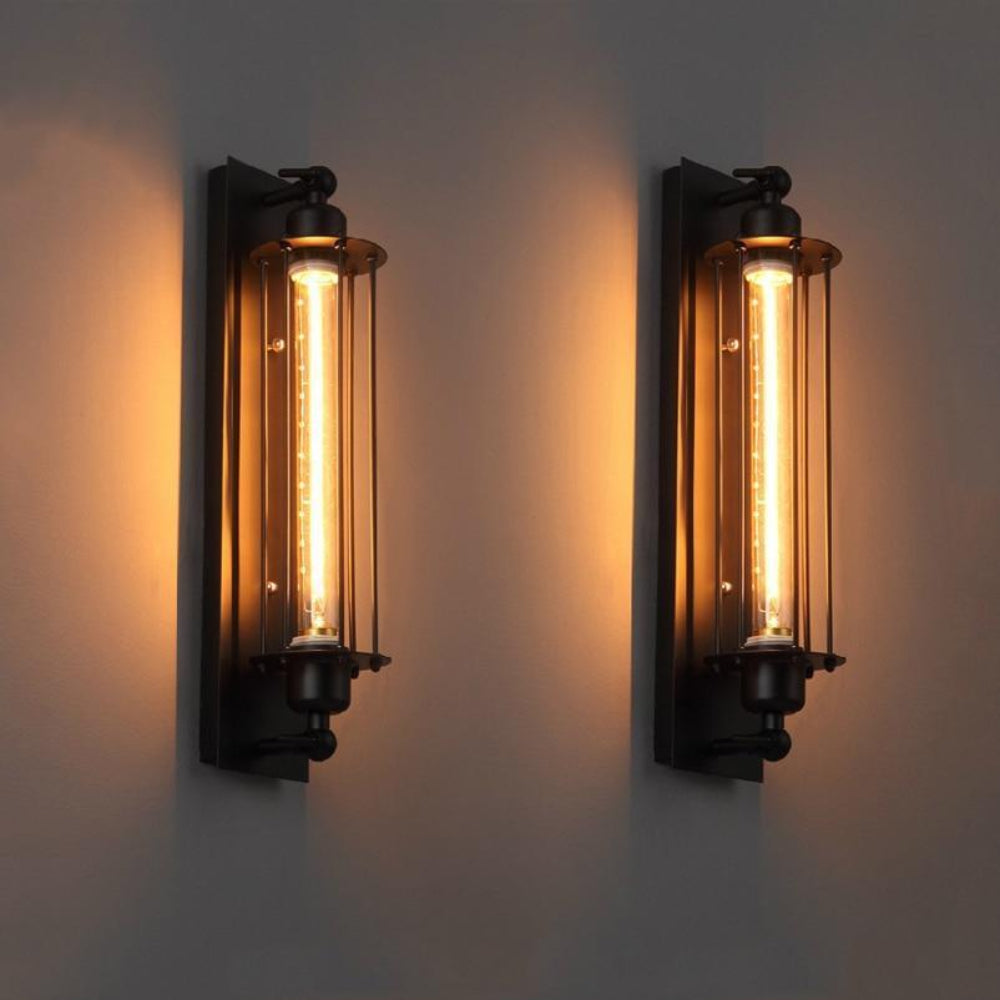 Vintage Industrial Wall Light with LED Tube Bulb in Black Metal